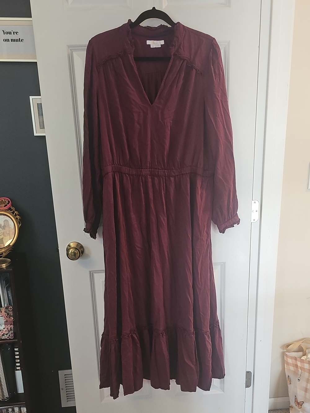 Boden Burgundy Long Sleeve V-Neck Ruffle Hem Midi Dress